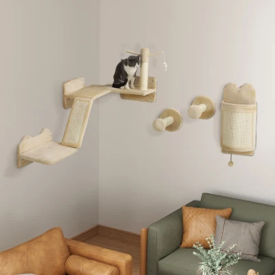 PawHut 4PC Cat Wall Shelves with Scratching Post, Beige