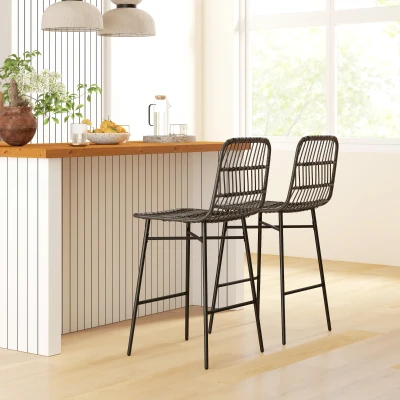 HOMCOM Rattan Counter Bar Stools Set of 2, 26" with Back, Black