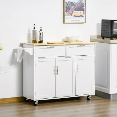 HOMCOM Mobile Kitchen Island Cart, Wood Top, White