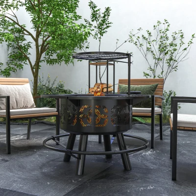Outsunny 33" Wood Burning Fire Pit, Portable BBQ Grill, Black