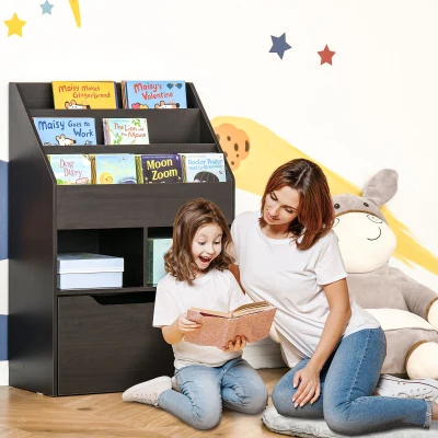HOMCOM Kids Bookcase, Multi-Shelf Rack with Mobile Drawer, Brown