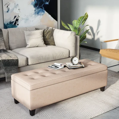 HOMCOM 50" Upholstered Storage Ottoman Bench with Soft Close Lid, White
