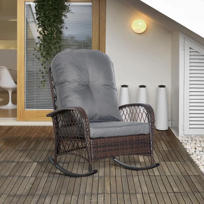 Outsunny Rattan Porch Rocker with Cushion, Gray