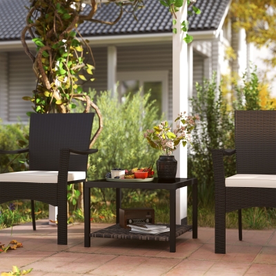 Outsunny 23.6" Rattan End Table, Outdoor Coffee Table with Tempered Glass Top, Storage Shelf for Patio, Garden, Balcony, Black