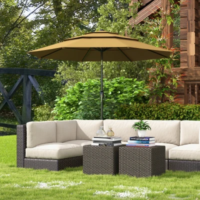 Outsunny 9FT Outdoor Patio Umbrella, 3 Tiers with Crank, Tan