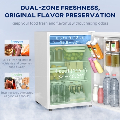 HOMCOM 4.5 Cu Ft Mini Fridge with Freezer, Wheels, Single Door Refrigerator, Adjustable Thermostat, Reversible Door, White