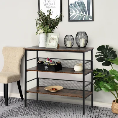 HOMCOM 3-Tier Console Table, Industrial Metal/Wood, Black