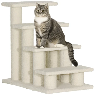 PawHut 23.5" 4 Tier Pet Stairs Dog Cat Step Scratch Post Furniture, Cream White