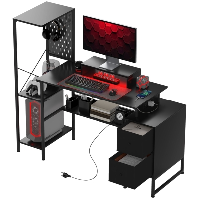 HOMCOM 56" Computer Desk with Storage, Power Outlets & LED, Black