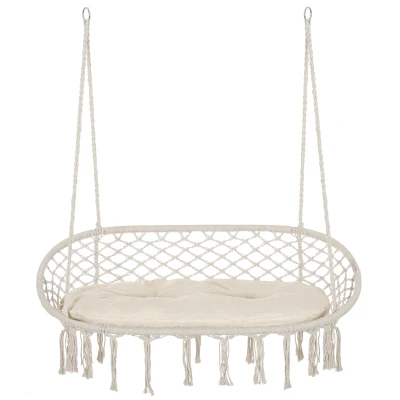 Outsunny Patio Hammock Chair 2 Seat, Hanging Rope Hammock Swing Chair with Metal Frame and Cushion, Large Macrame Seat for Indoor and Outdoor 396 lbs Capacity, Cream White