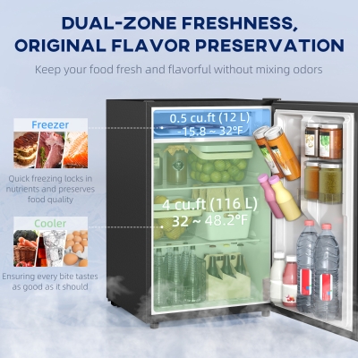 HOMCOM 4.5 Cu Ft Mini Fridge with Freezer, Wheels, Single Door Refrigerator, Adjustable Thermostat, Reversible Door, Black