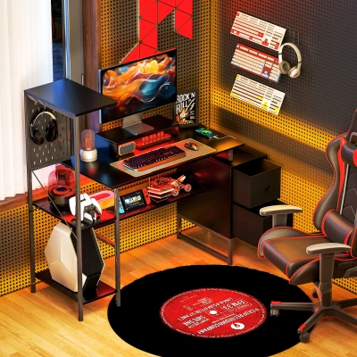 HOMCOM 56" Computer Desk with Storage, Power Outlets & LED, Black