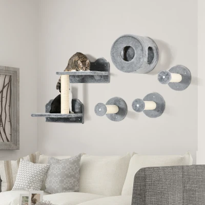 PawHut 5PC Cat Wall Shelves, Climbing Shelf Set, Gray