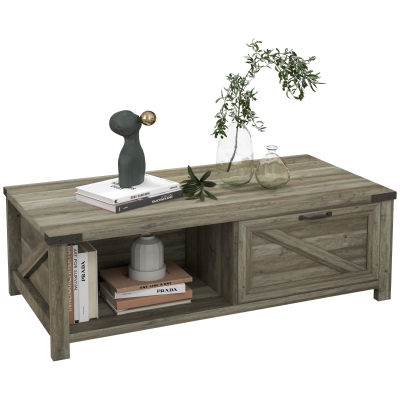 HOMCOM Farmhouse Coffee Table with Drawer & Storage, Gray Oak