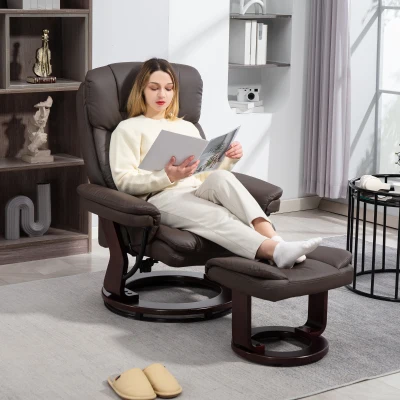 HOMCOM PU Leather Swivel Recliner Chair with Ottoman, Dark Brown