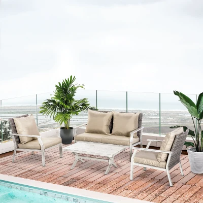 Outsunny 4-Piece Outdoor Wicker Sofa Set with Cushions, Beige