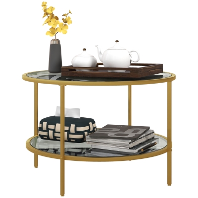 HOMCOM 26" Round Side Table, 2-Tier Glass Coffee Table, Gold