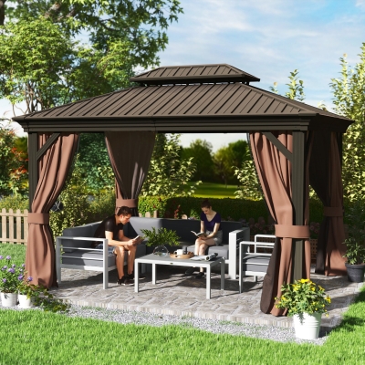 Outsunny 10' x 12' Outdoor Hardtop Gazebo with Galvanized Canopy & Netting Sidewalls for Lawn, Backyard, Dark Brown