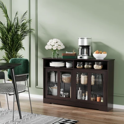 HOMCOM Dark Brown Sideboard Buffet Cabinet with Sliding Glass Doors