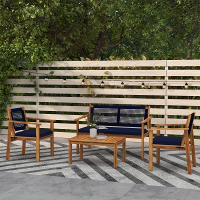 Outsunny 4-Piece Acacia Wood Patio Sofa Set with Cushions, Blue
