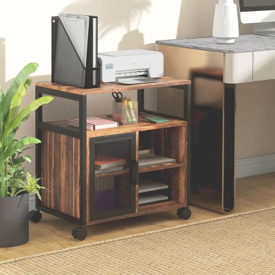 Vinsetto Mobile Printer Stand with Storage & USB Ports, Rustic Brown