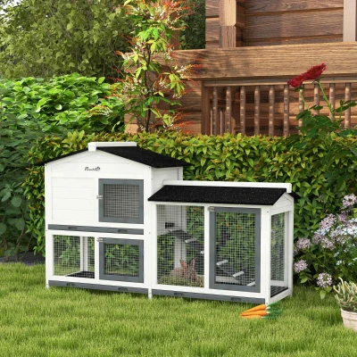 PawHut 62" Wooden Rabbit Hutch with Run Area, White