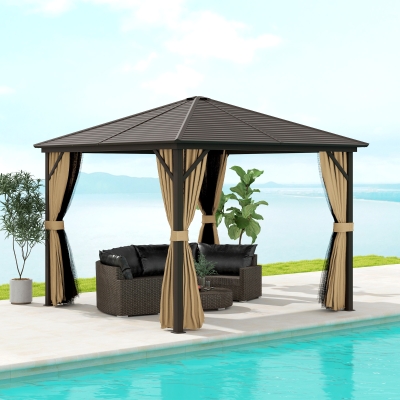 Outsunny 10' x 10' Hardtop Gazebo Outdoor Aluminum Gazebo Canopy with Mosquito Netting, Curtains, Hanging Hook, Brown