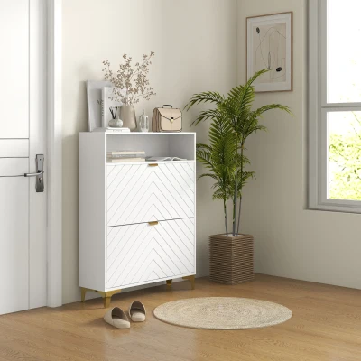 HOMCOM Modern White Shoe Cabinet with 2 Flip Drawers, 12 Pairs