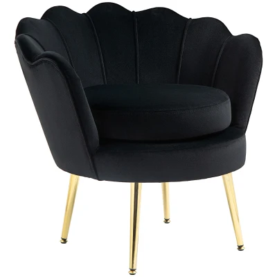 HOMCOM Modern Accent Chair, Velvet-Touch Fabric Leisure Club Chair with Gold Metal Legs for Bedroom, Black