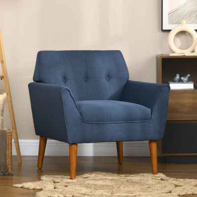 HOMCOM Button Tufted Accent Chair with Wood Legs, Blue