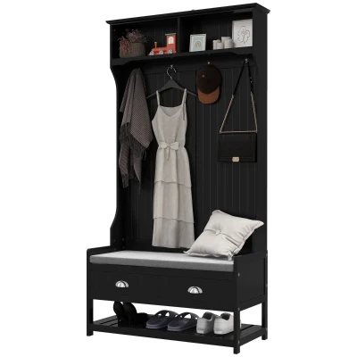 HOMCOM Coat Rack Shoe Bench, Hall Tree with Bench and Shoe Storage, Entryway Bench with 4 Hooks, 2 Drawers, 2 Shelves, Black