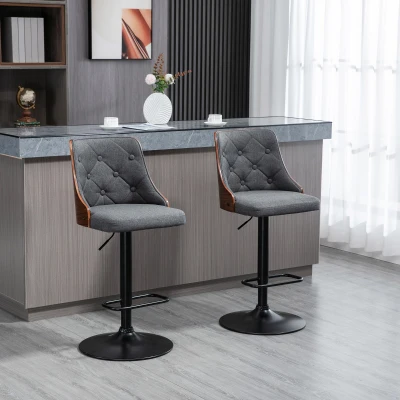 HOMCOM Adjustable Swivel Bar Stools Set of 2, Tufted Linen, Dark Grey