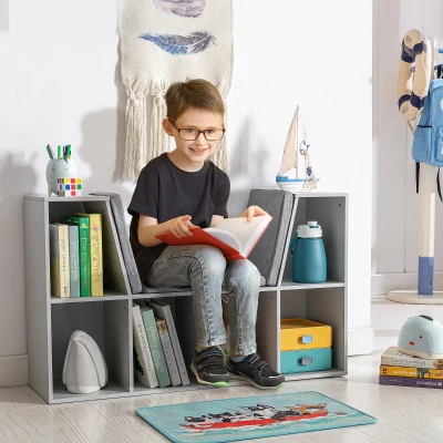 HOMCOM 6-Cubby Kids Bookcase with Cushion, Gray