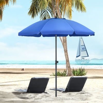 Outsunny 6ft Beach Umbrella, Outdoor Sun Shade Parasol with Push Button Tilt, Ruffled 
 UV50+ Vented Canopy, Blue