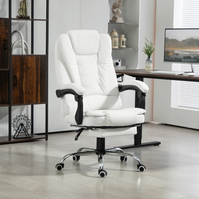 HOMCOM High Back Office Chair PU Leather Executive Office Chair with Retractable Footrest Padded Armrest White