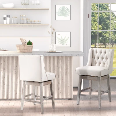 HOMCOM Set of 2 Swivel Counter-Height Bar Stools, Tufted Linen, Beige