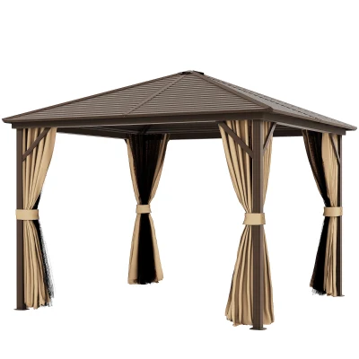 Outsunny 10' x 10' Hardtop Gazebo Outdoor Aluminum Gazebo Canopy with Mosquito Netting, Curtains, Hanging Hook, Brown