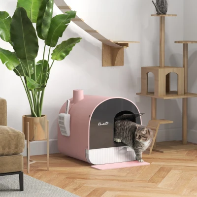 PawHut Cat Litter Box with Lid & Scoop, Pink