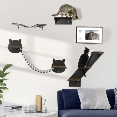 PawHut 5PC Cat Wall Shelves Set with Cushion, Brown