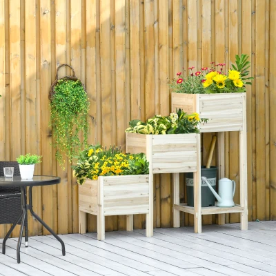 Outsunny 3-Tier Wooden Raised Garden Bed with Storage Shelf