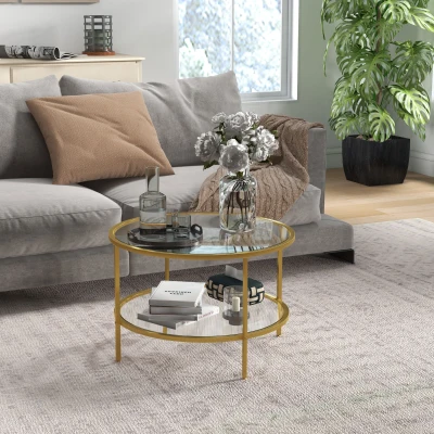 HOMCOM 26" Round Side Table, 2-Tier Glass Coffee Table, Gold