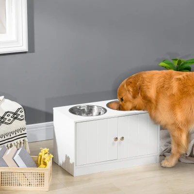 PawHut Large Elevated Dog Bowl Stand with Storage Cabinet, White