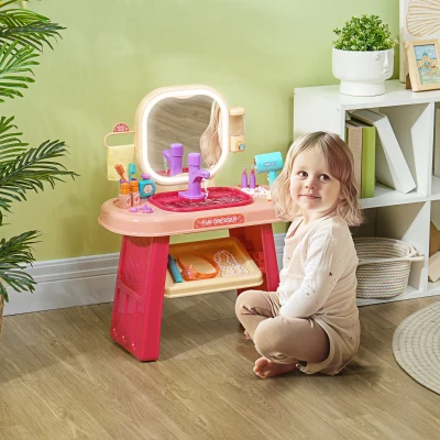 Qaba Kids Vanity Set with Mirror, LED Light, Pink