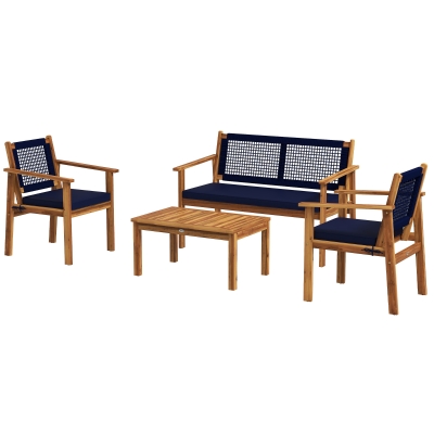 Outsunny 4-Piece Acacia Wood Patio Sofa Set with Cushions, Blue