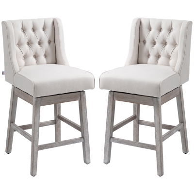 HOMCOM Set of 2 Swivel Counter-Height Bar Stools, Tufted Linen, Beige