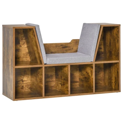 HOMCOM 6-Cubby Bookcase with Seat Cushion, Cube Storage Shelf with Reading Nook for Home Office, Study, Rustic Brown