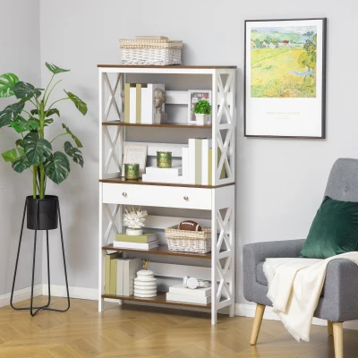 HOMCOM 4-Tier Bookcase Storage Cupboard with Drawer, White