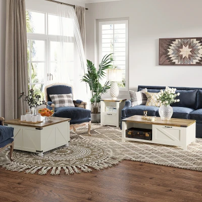 HOMCOM Farmhouse Coffee Table with Storage Drawer, White