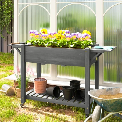Outsunny Wood Elevated Planter Box with Wheels & Side Tables, Gray