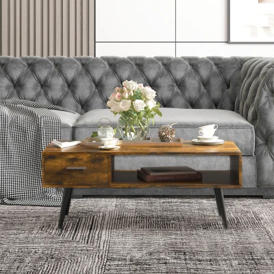 HOMCOM 43" Mid-Century Coffee Table with Drawer, Rustic Brown
